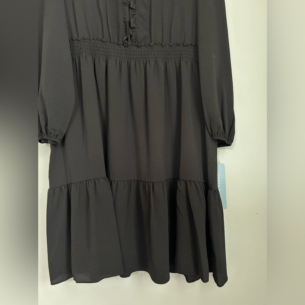London Times Black Ruffle Neck Smocked Waist Tiered Dress Long Sleeve‎ Womens 14 - Picture 6 of 15
